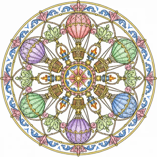 Mandala-Ausmalseite: Heißluftballon-Netzmuster und Gondelornamente in radialer Symmetrie