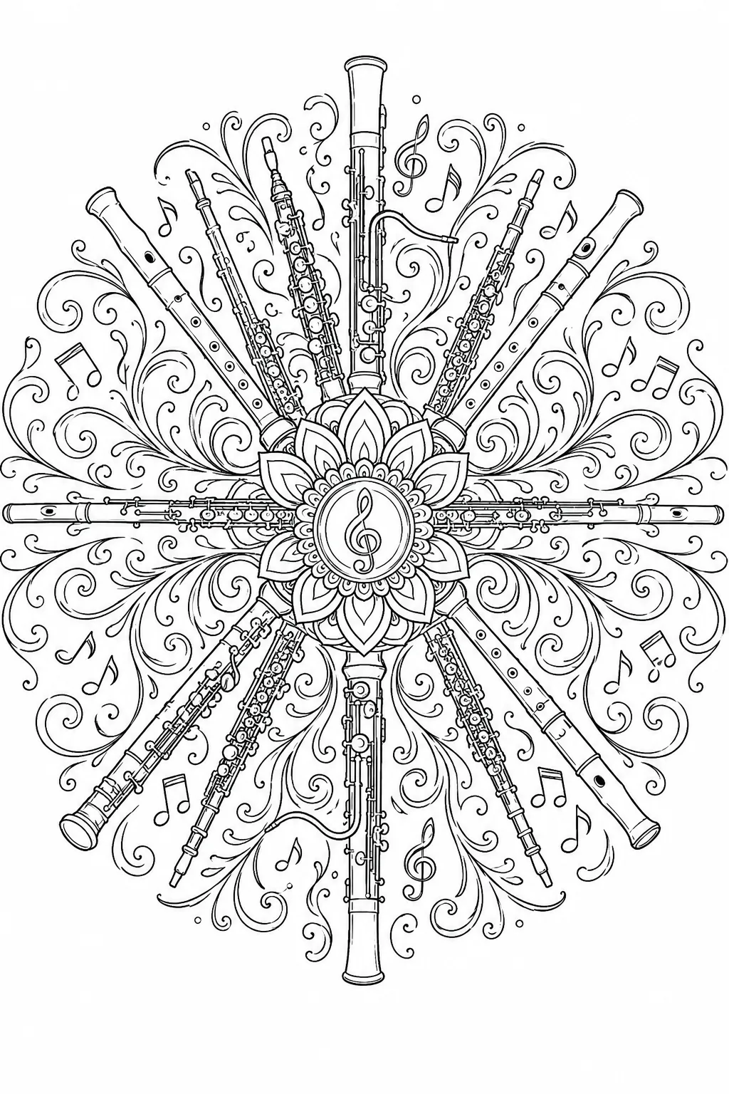 Plantilla mandala para colorear: instrumentos de viento madera dispuestos en círculo