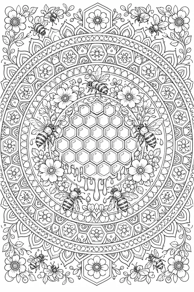 Mandala: Honig, Bienenwaben und Bienen