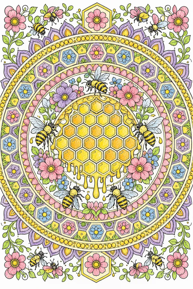 Ausmalseite: Symmetrisches Honig-Mandala mit Wabenmuster, Bienen, Honigtropfen und Blüten