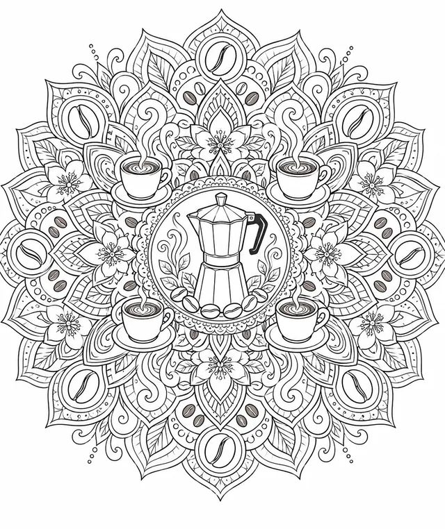 Mandala: Kaffeebohnen, Kanne und Tassen
