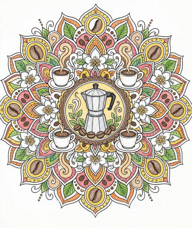 Ausmalseite: Symmetrisches Kaffee-Mandala mit Bohnen, Kanne, Tassen und Dampfmustern