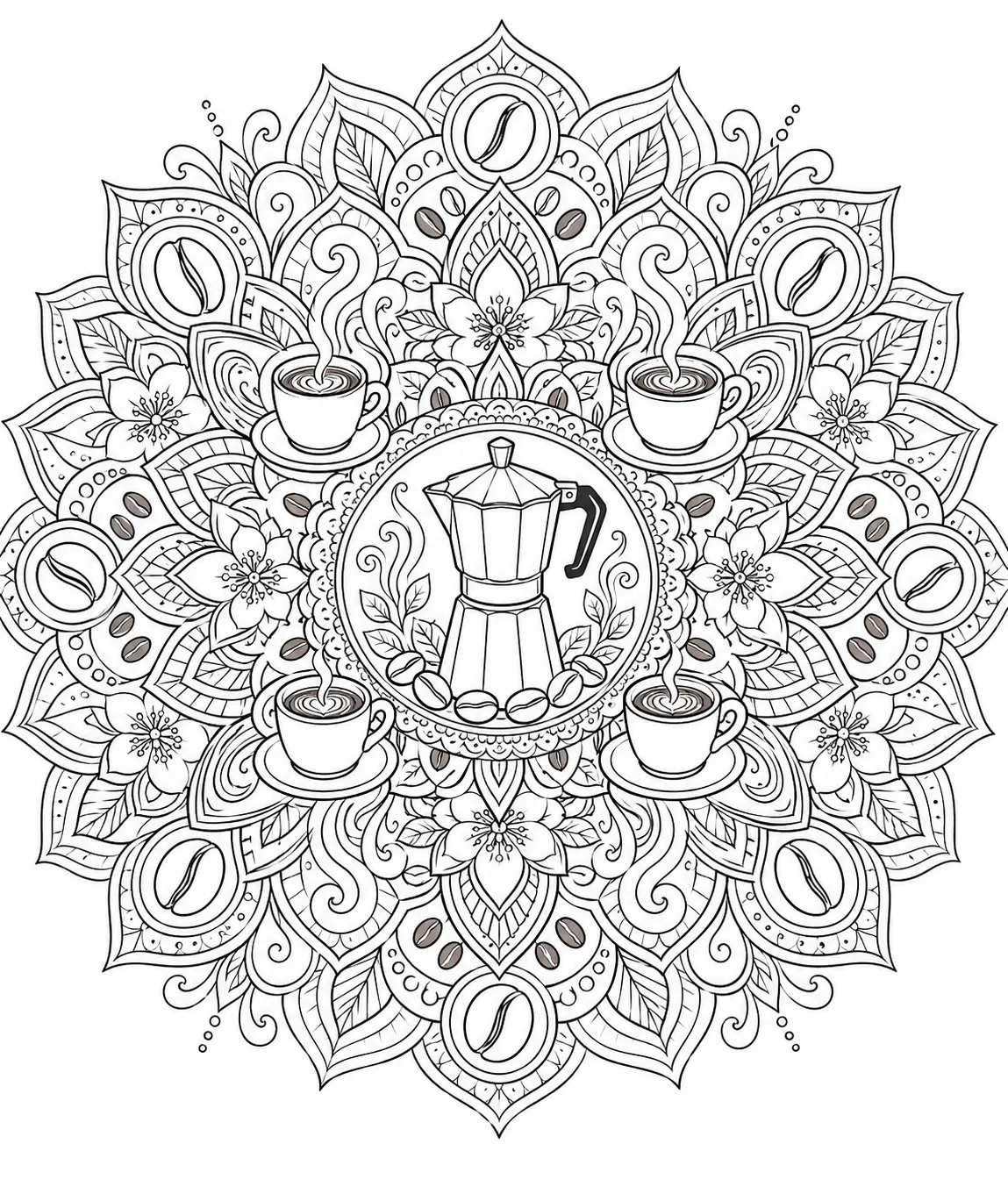 Ausmalseite: Symmetrisches Kaffee-Mandala mit Bohnen, Kanne, Tassen und Dampfmustern