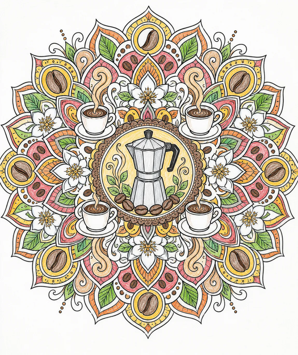 Mandala: Kaffeebohnen, Kanne und Tassen