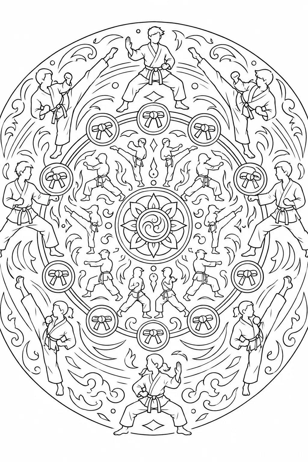 Symmetrisches Mandala aus Kampfsport-Silhouetten in Kick- und Schlagpositionen mit Gürtelknoten-Ornamenten
