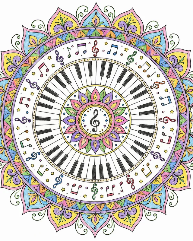 Ausmalbild: Symmetrisches Mandala mit Klaviertasten, Musiknoten und Violinschlüsseln