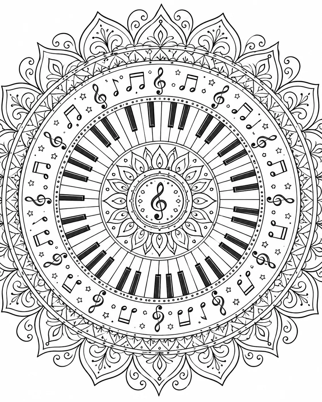 Ausmalbild: Symmetrisches Mandala mit Klaviertasten, Musiknoten und Violinschlüsseln
