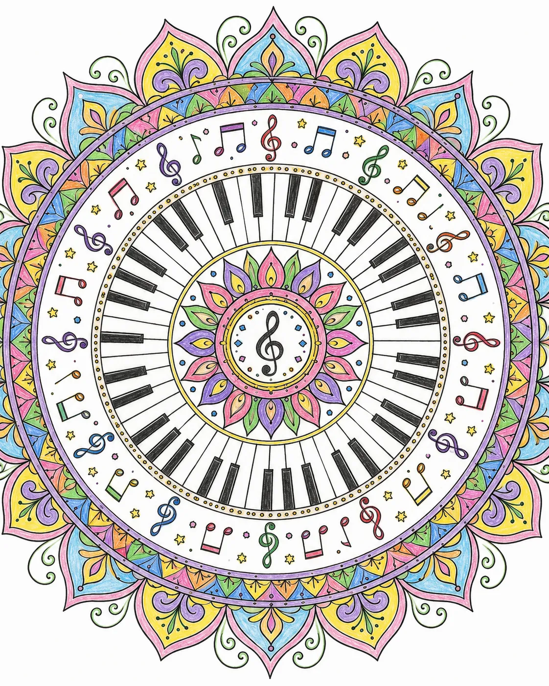Mandala mit Klaviertasten und Musiknoten