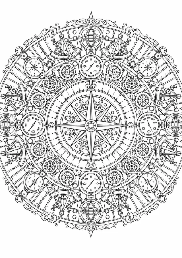 Mandala: Kompassrose und Messinstrumente