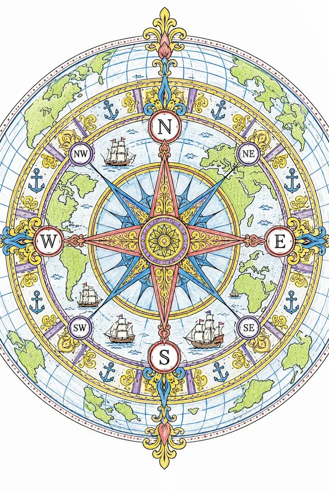 有罗盘玫瑰、世界地图大陆和帆船剪影的对称曼陀罗