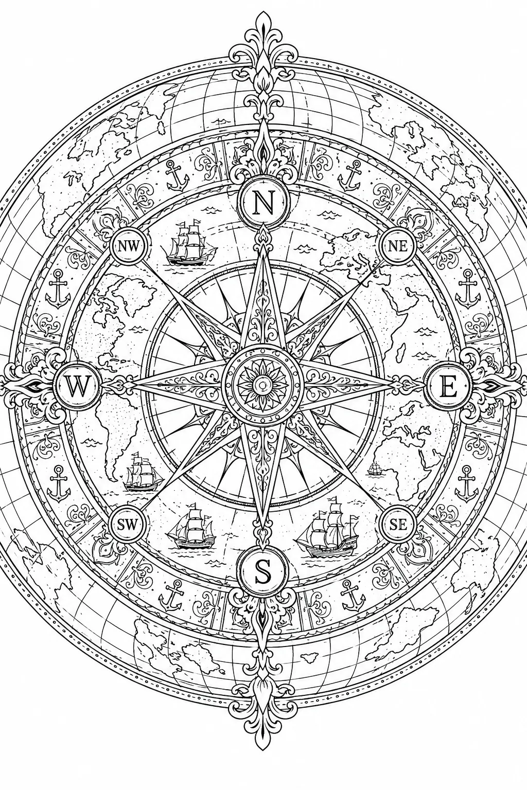 Symmetrisches Mandala mit Kompassrose, Weltkarte-Kontinenten und Segelschiff-Silhouetten