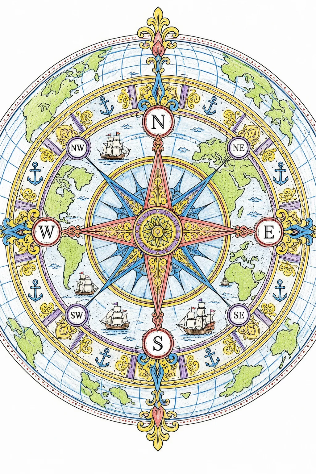 Mandala: Kompassrose und Weltkarten-Ornamente
