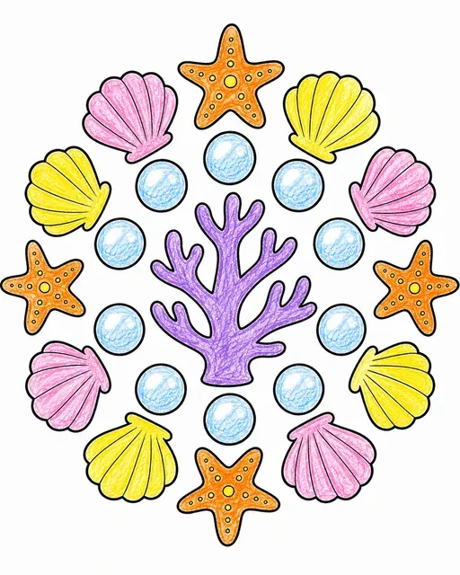 Einfaches Mandala mit Koralle, Perlen, Muscheln und Seesternen