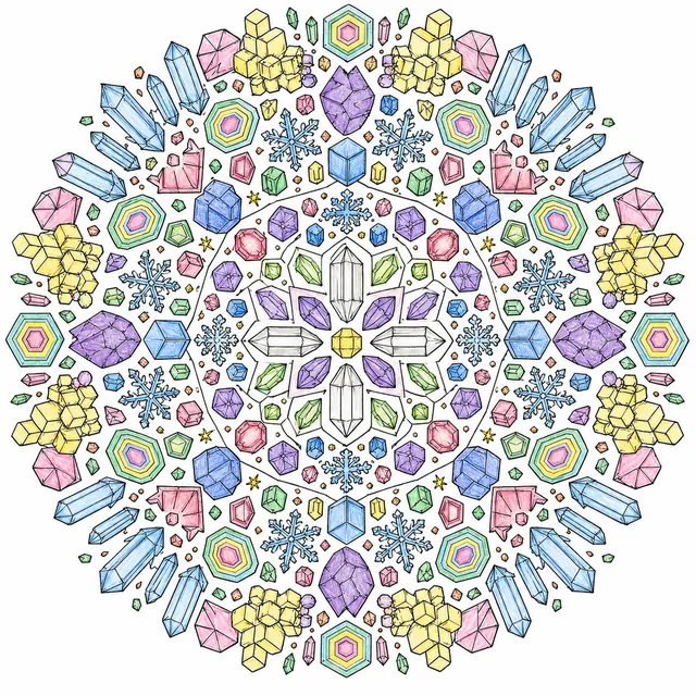 Ausmalseite: Kristall-Mandala mit symmetrischen Kristallgittern, Edelstein-Facetten und Mineralstrukturen