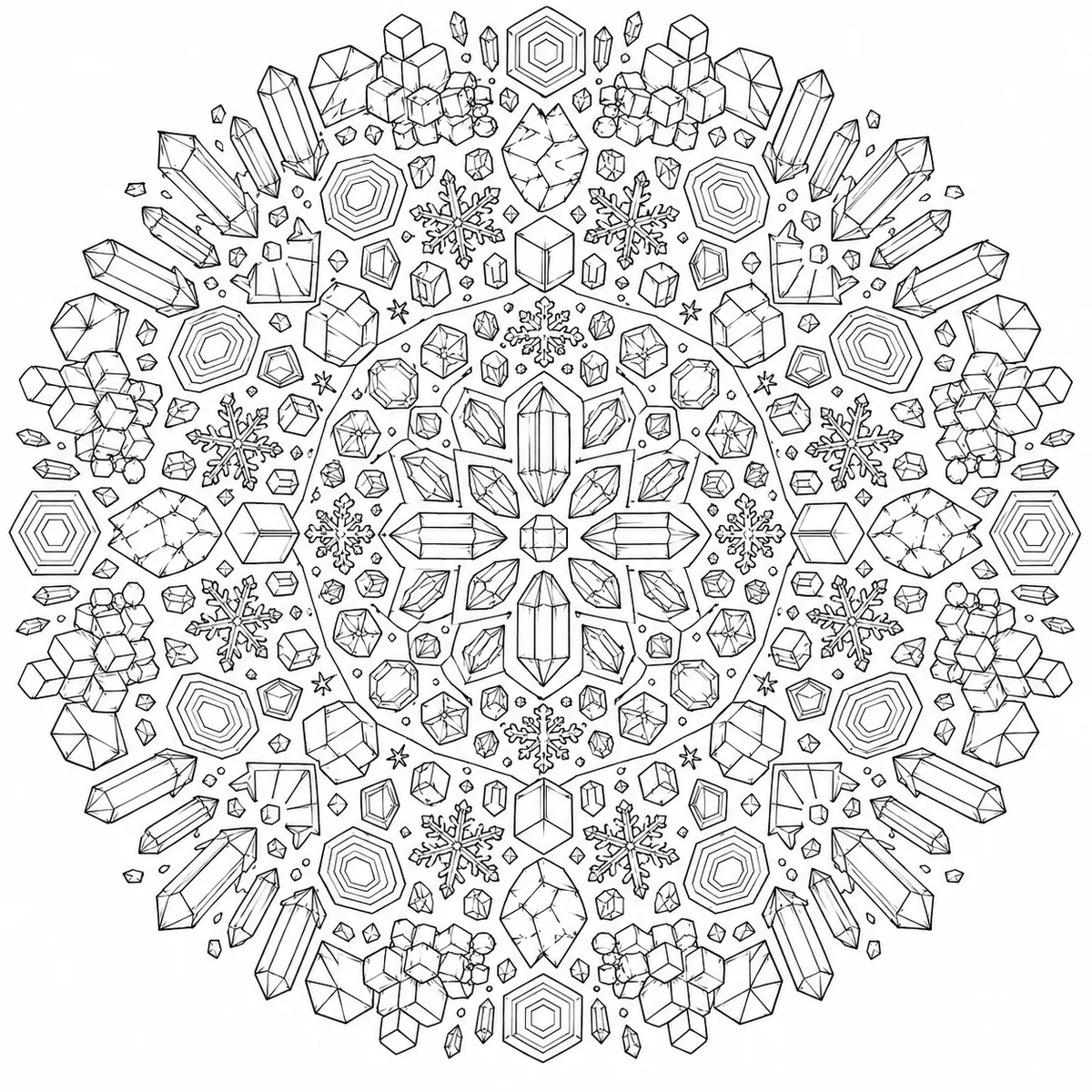 Ausmalseite: Kristall-Mandala mit symmetrischen Kristallgittern, Edelstein-Facetten und Mineralstrukturen