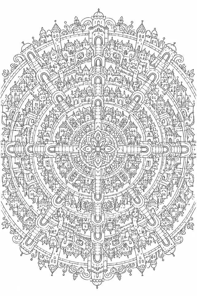 Mandala: Labyrinthische Stadtgassen in geometrischer Symmetrie