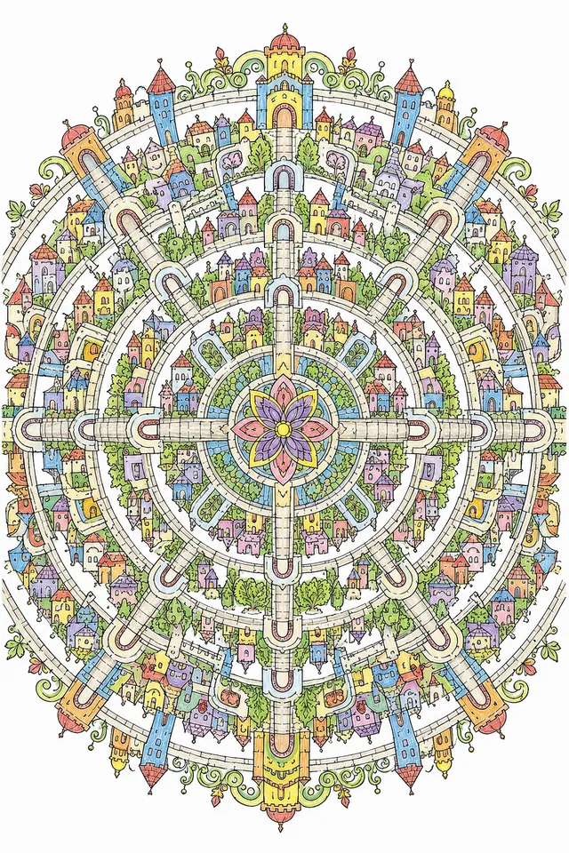 Mandalavorlage: Radial-symmetrischer Labyrinthdorf-Grundriss mit Gassen, Torbögen und Kopfsteinpflaster-Mustern