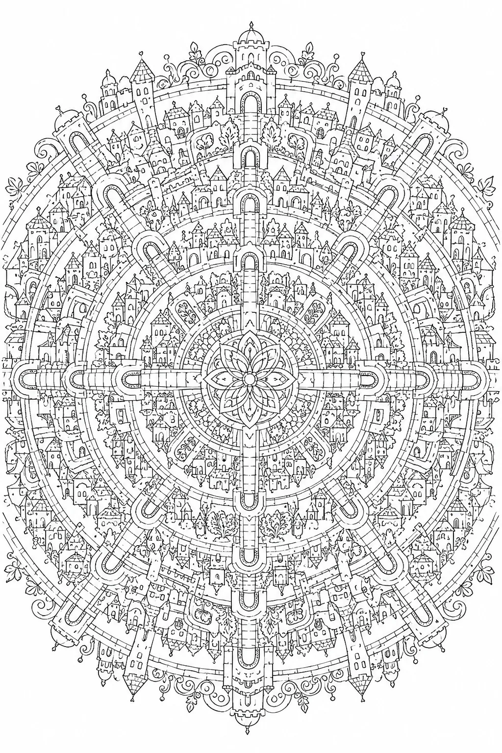 Mandalavorlage: Radial-symmetrischer Labyrinthdorf-Grundriss mit Gassen, Torbögen und Kopfsteinpflaster-Mustern