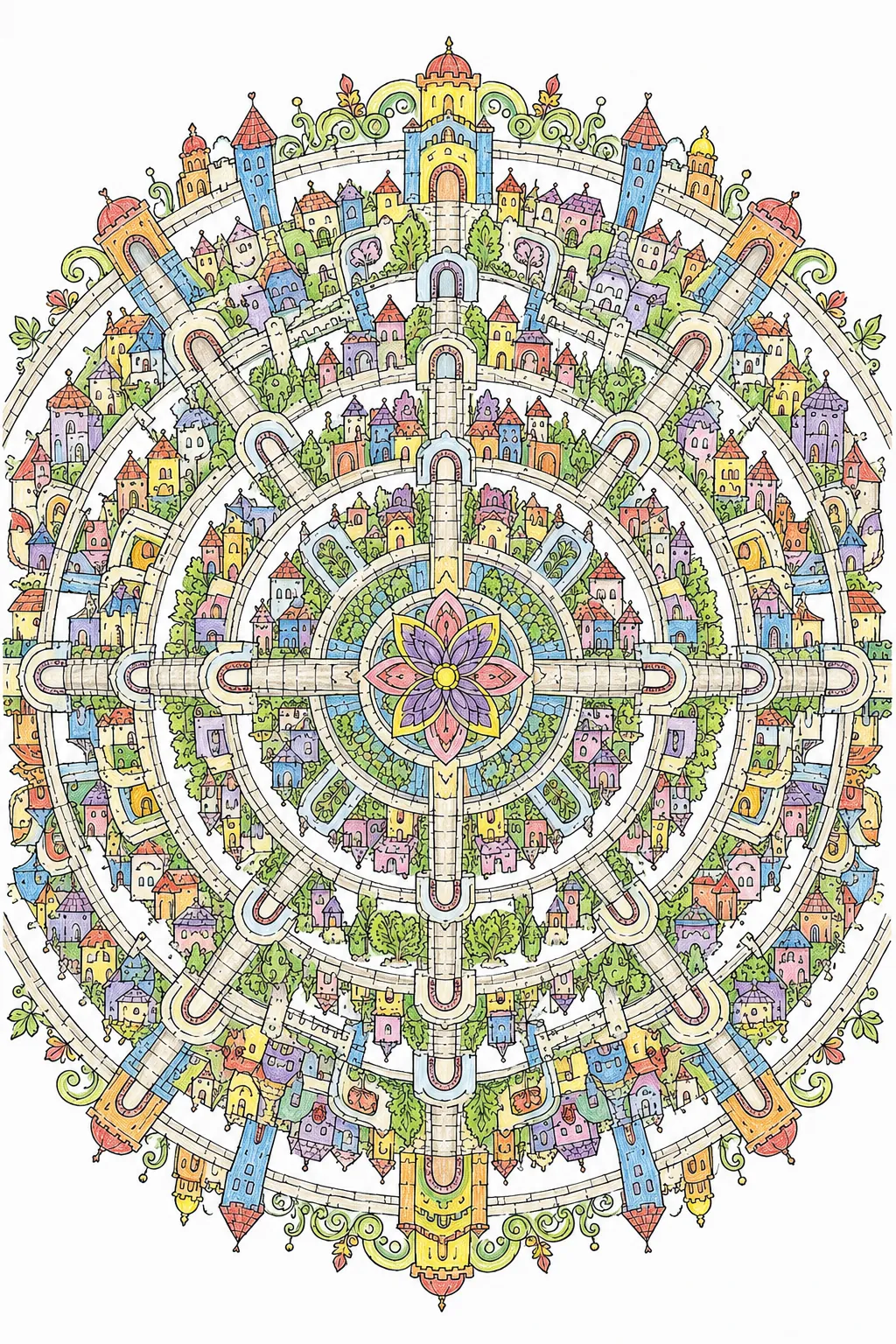 Mandala: Labyrinthische Stadtgassen in geometrischer Symmetrie