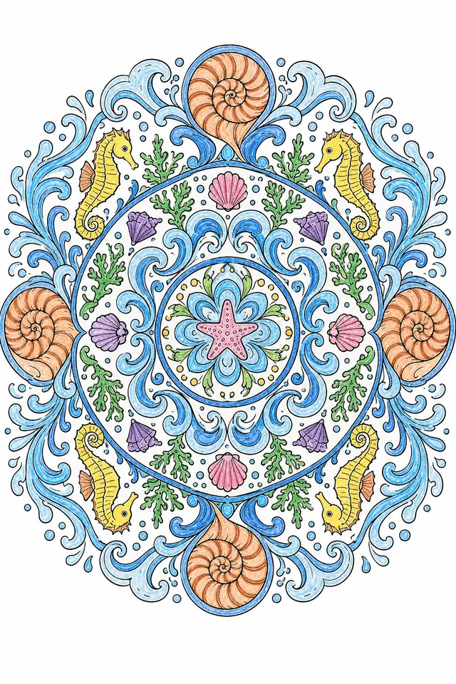 Symmetrisches Meeres-Mandala mit Wellen, Nautilus-Muscheln, Seepferdchen und Seesternen