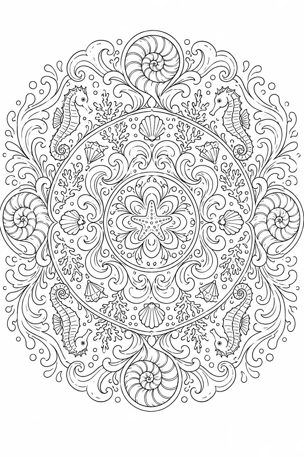 Symmetrisches Meeres-Mandala mit Wellen, Nautilus-Muscheln, Seepferdchen und Seesternen