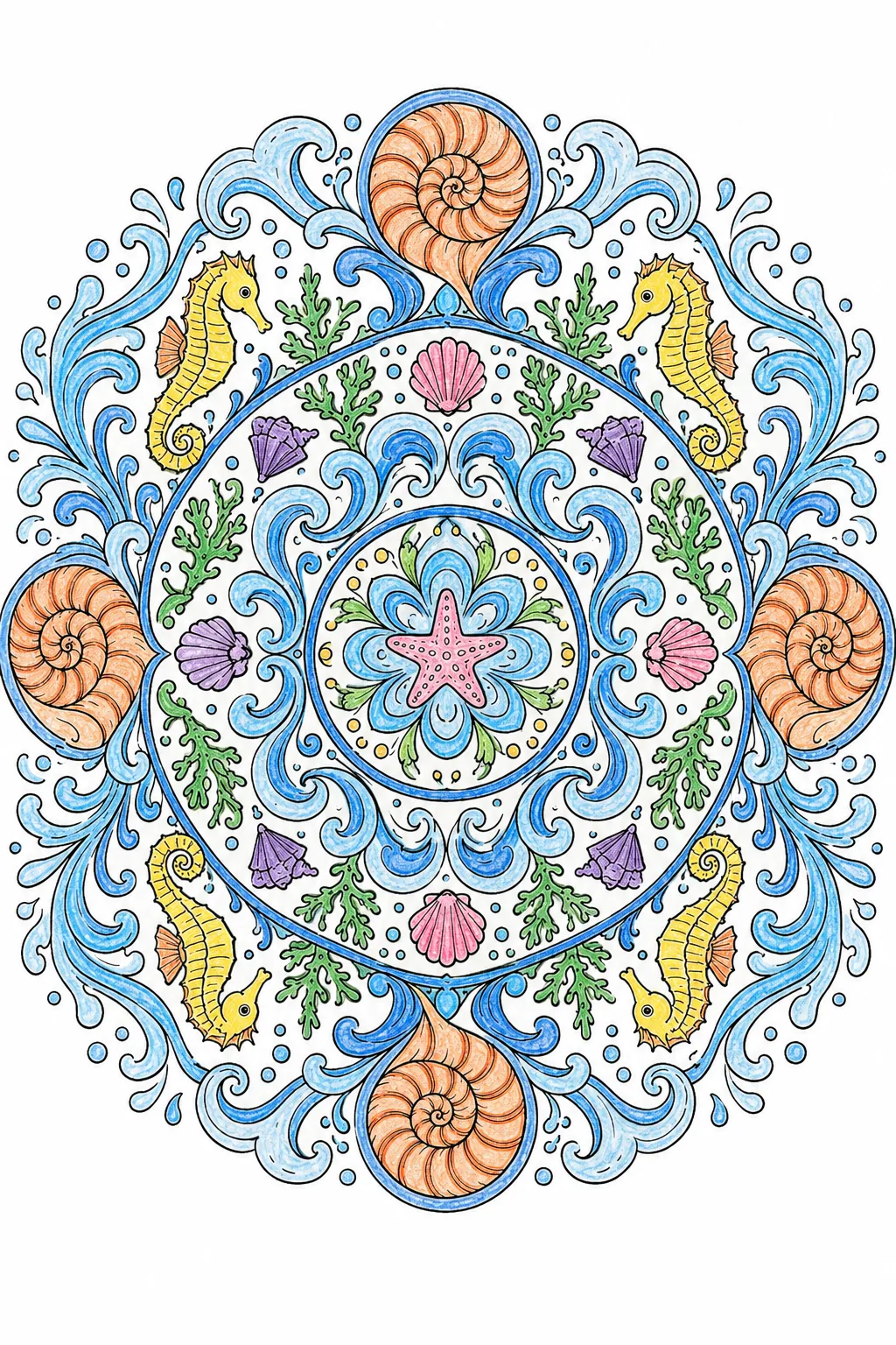 Mandala: Meereswellen, Muscheln und Wassermuster