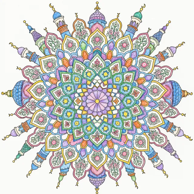 Mandala coloring page with Islamic minarets and muqarnas stalactite vault patterns in rotational symmetry