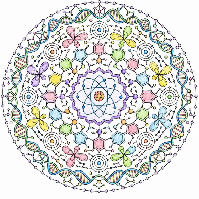 Ausmalseite: Wissenschafts-Mandala mit symmetrischen Molekülstrukturen, Benzolringen und DNA-Spirale