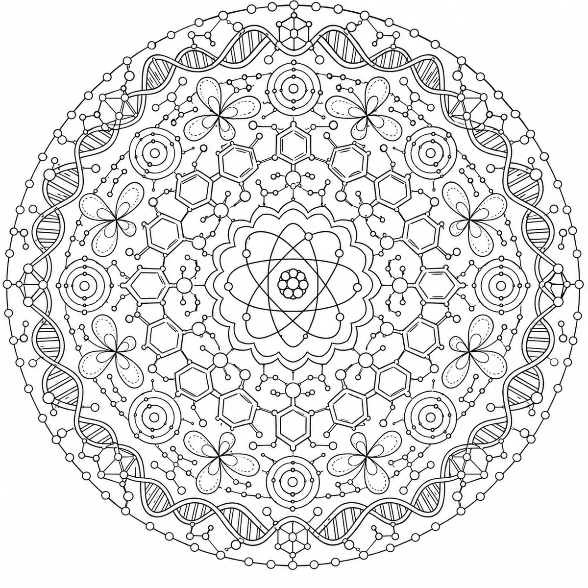 涂色页：带对称分子结构、苯环和DNA螺旋的科学曼陀罗