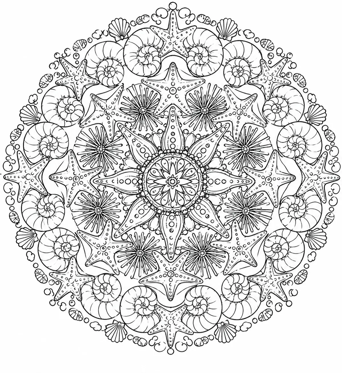 Ausmalseite: Symmetrisches Mandala aus Nautilus-Spiralen, Seestern-Formen und Seeigel-Stachelmustern, vom Zentrum nach außen strahlend