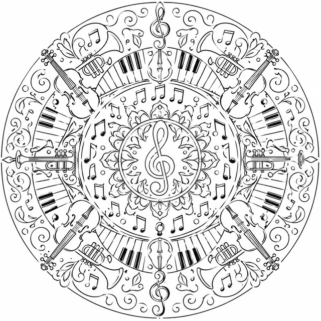 Mandala: Musiknoten und Instrumente