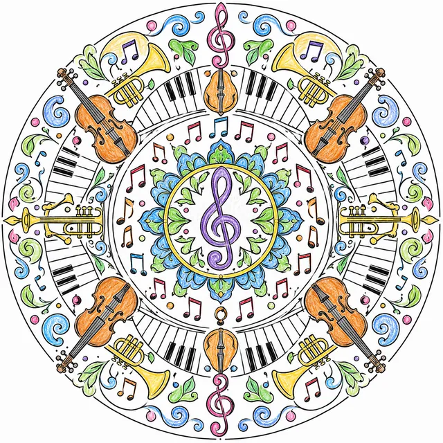 Ausmalbild: Kreisförmiges Mandala aus Musiknoten, Notenschlüsseln und Instrument-Silhouetten