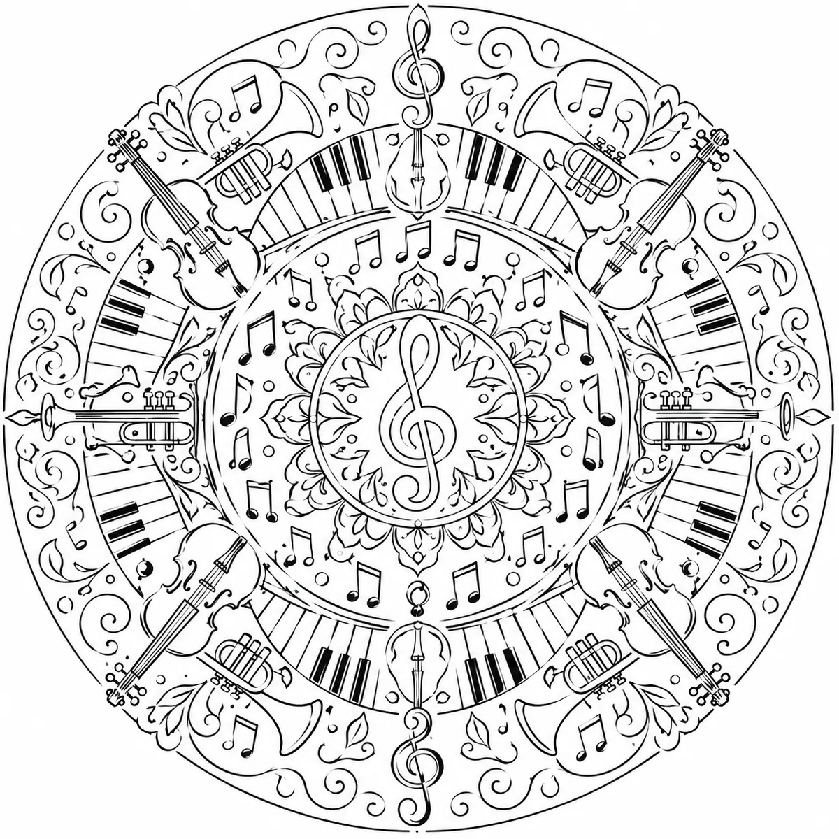 Ausmalbild: Kreisförmiges Mandala aus Musiknoten, Notenschlüsseln und Instrument-Silhouetten