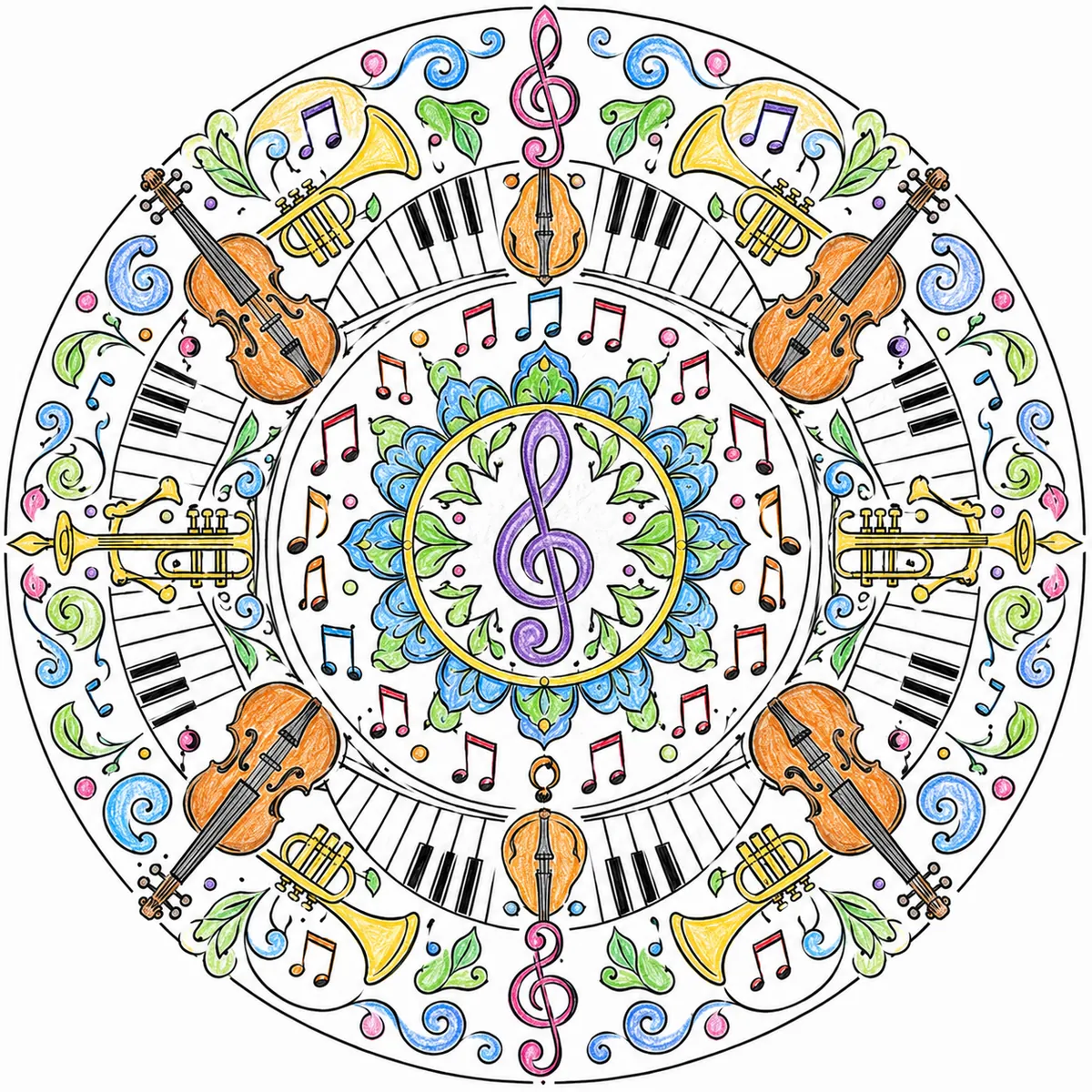 Mandala: Musiknoten und Instrumente