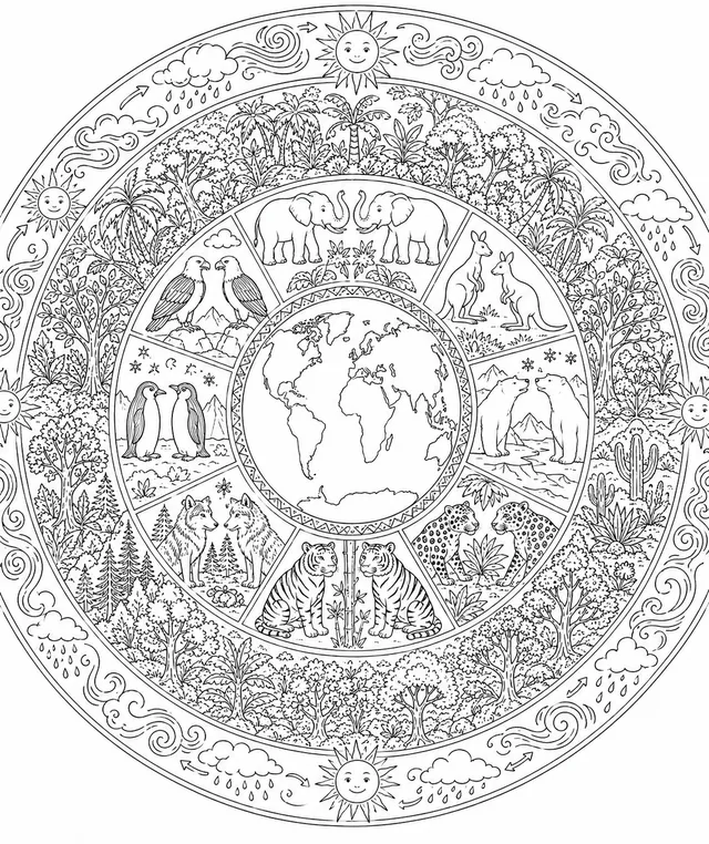 Mandala: Ökosystem-Blütenkreis mit charakteristischen Tieren aus allen Kontinenten