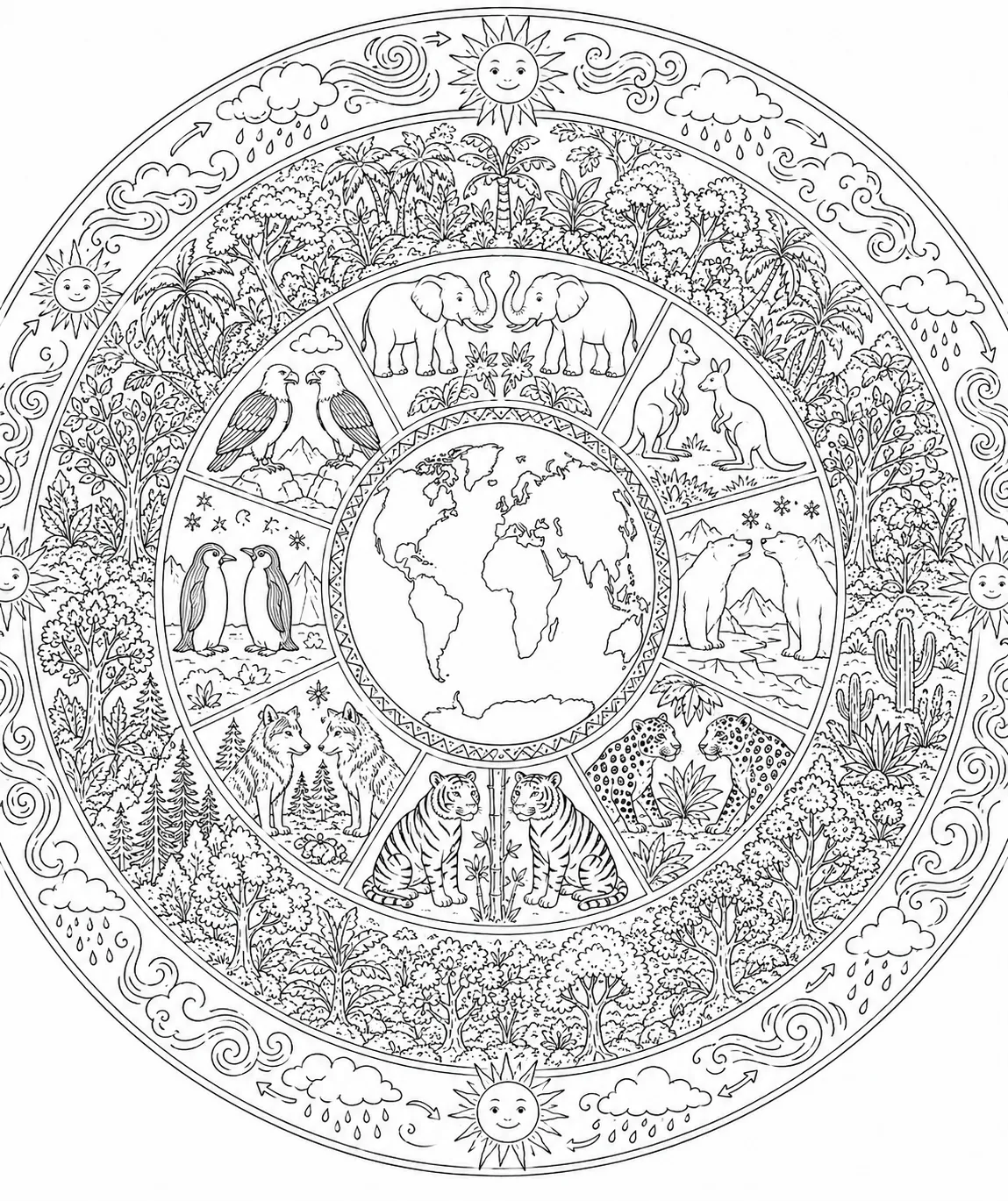 Symmetrisches Ökosystem-Mandala mit acht Tierpaaren aller Kontinente im Blütenkreis um Globus-Zentrum