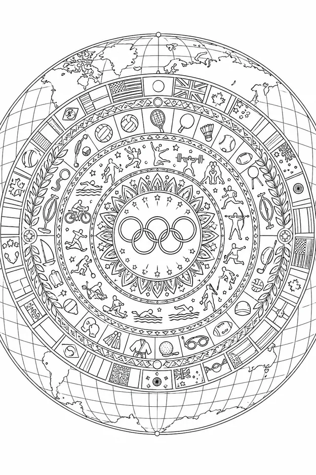 Mandala: Olympische Ringe, Sportgeräte und Globus-Ornamente