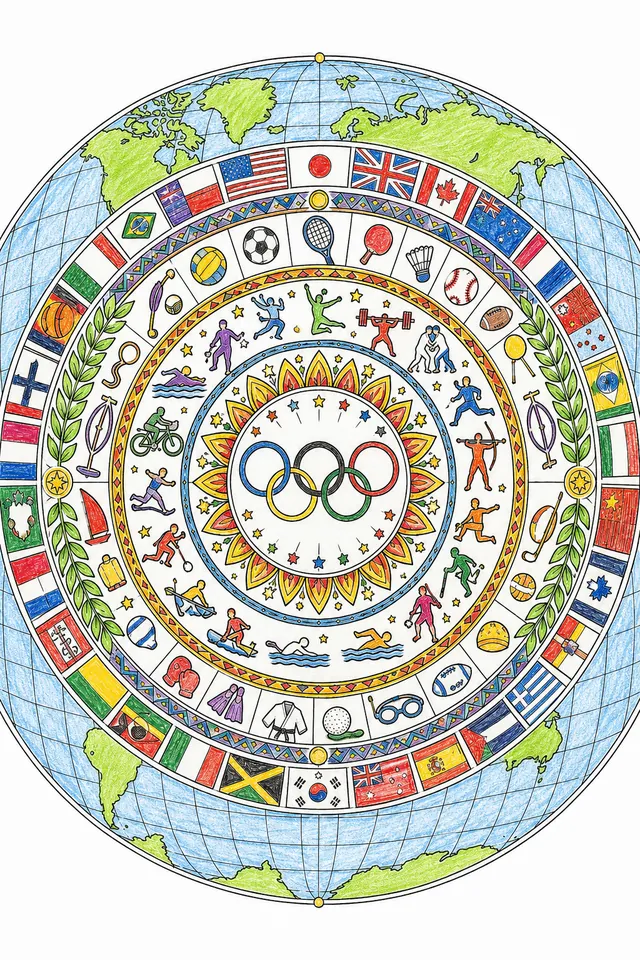 Symmetrisches Finale-Mandala mit olympischen Ringen, Sportgeräten aller Disziplinen, Lorbeerkränzen und Globus