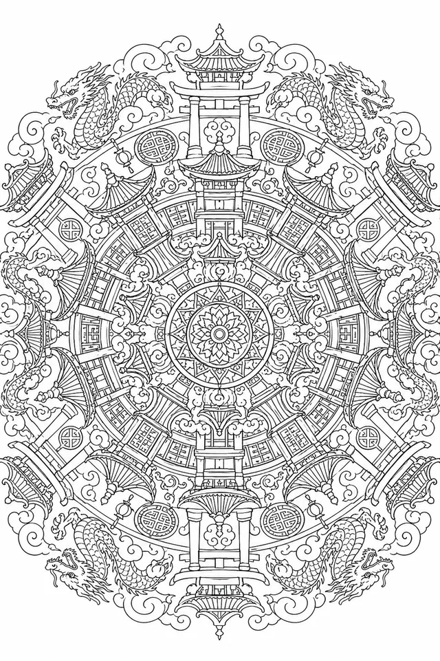 Mandala: Ostasiatische Dachkonturen und Pagodenmuster