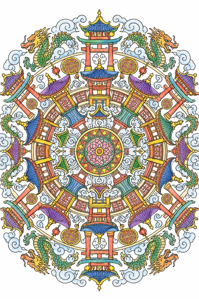 Mandalavorlage: Radial-symmetrisches Muster mit ostasiatischen Pagodendächern, Torii-Formen und Drachenmotiven