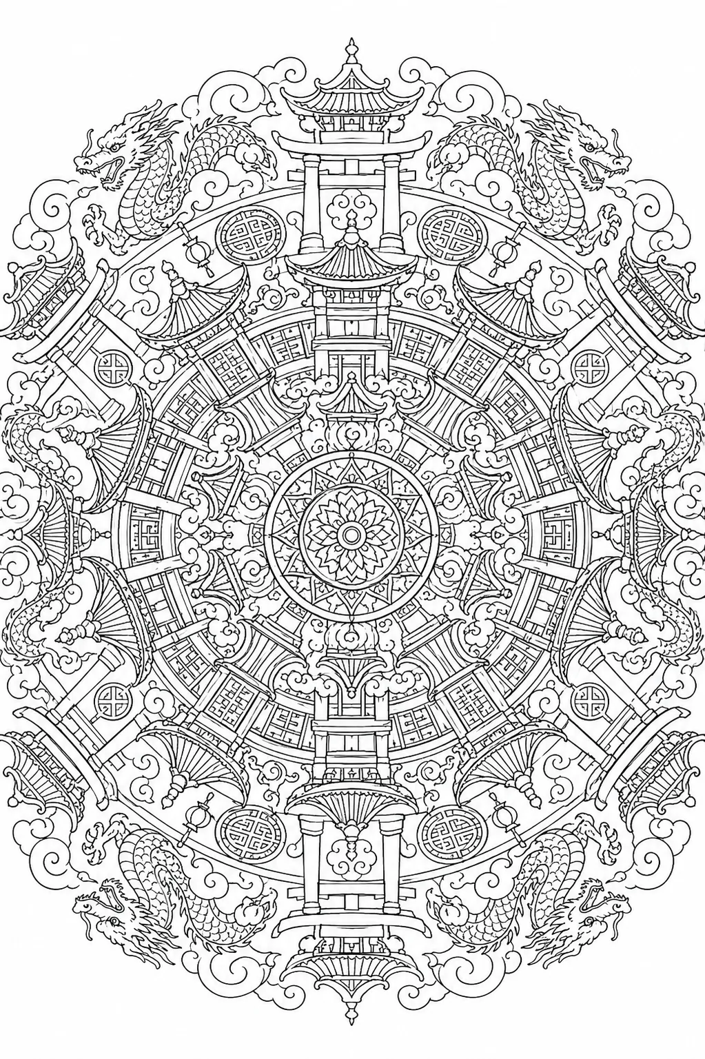 Mandalavorlage: Radial-symmetrisches Muster mit ostasiatischen Pagodendächern, Torii-Formen und Drachenmotiven
