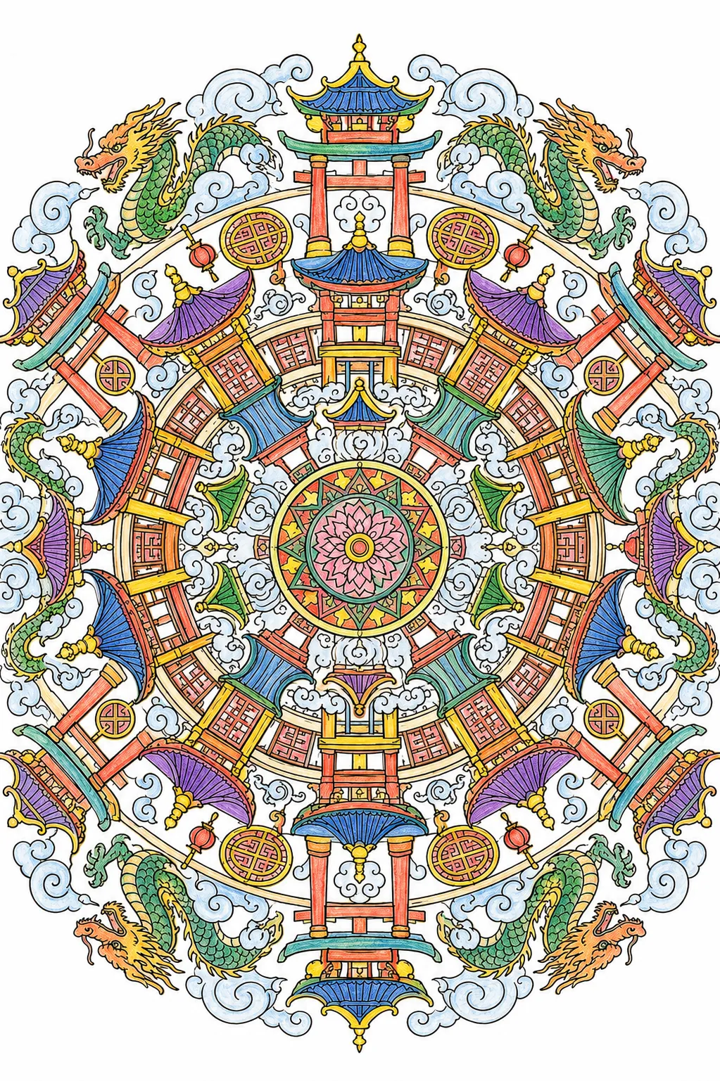 Mandala: Ostasiatische Dachkonturen und Pagodenmuster