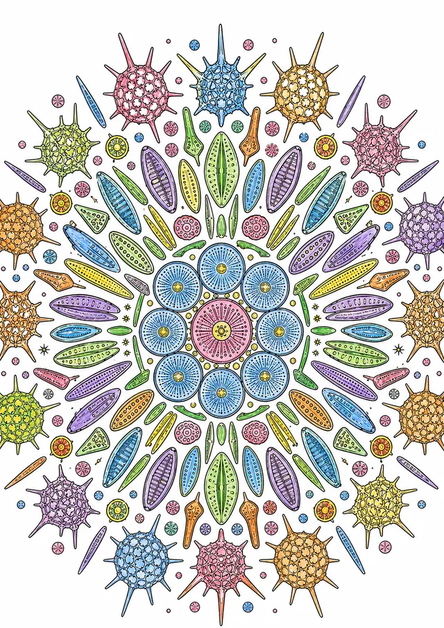Ausmalseite: Symmetrisches Mandala aus Radiolarien-Kugeln mit Stacheln und Diatomeen-Gehäusen in konzentrischen Ringen mit zentraler Diatomeen-Rosette