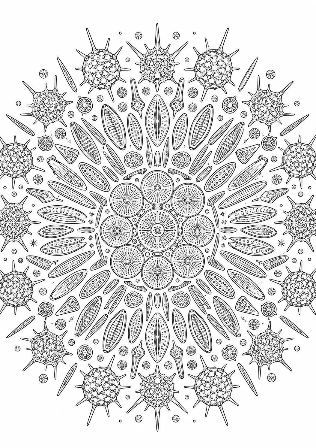Ausmalseite: Symmetrisches Mandala aus Radiolarien-Kugeln mit Stacheln und Diatomeen-Gehäusen in konzentrischen Ringen mit zentraler Diatomeen-Rosette