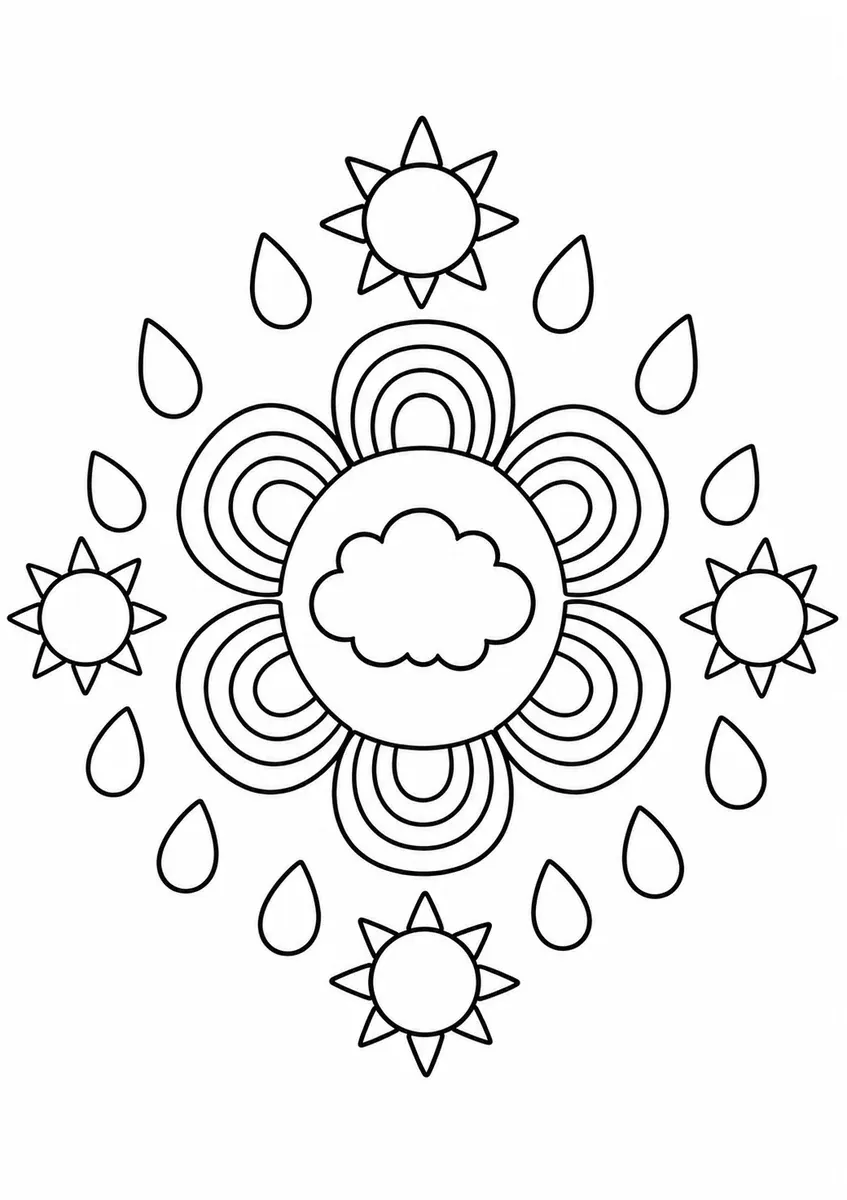 彩虹弧、雨滴、云和太阳组成的简单曼陀罗