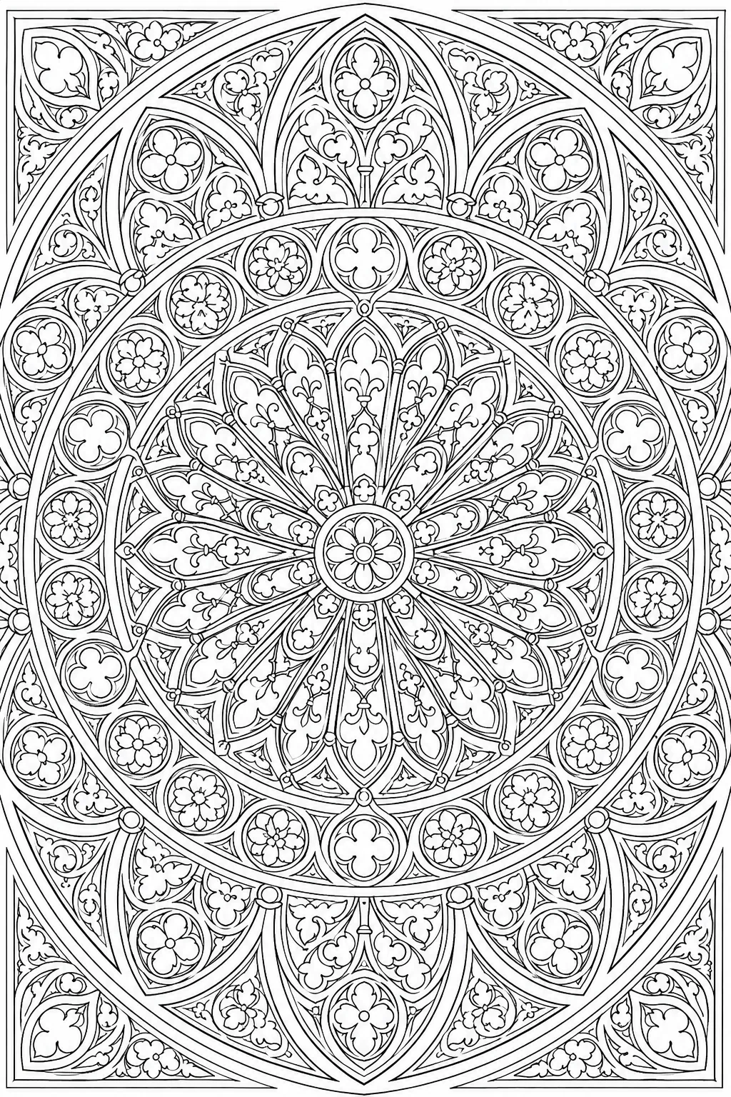 Mandala coloring page inspired by gothic rose windows with symmetrical stone tracery