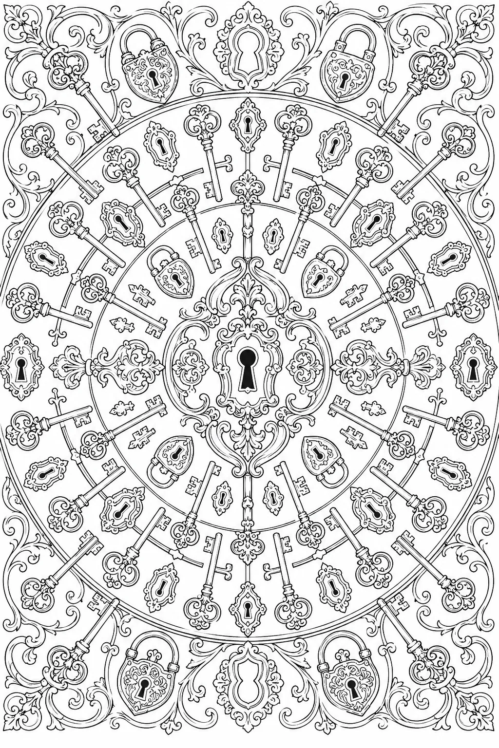 Ausmalseite Mandala: Symmetrisches Muster aus verzierten Skelettschlüsseln, Schlüssellochrosetten und antiken Vorhängeschlössern