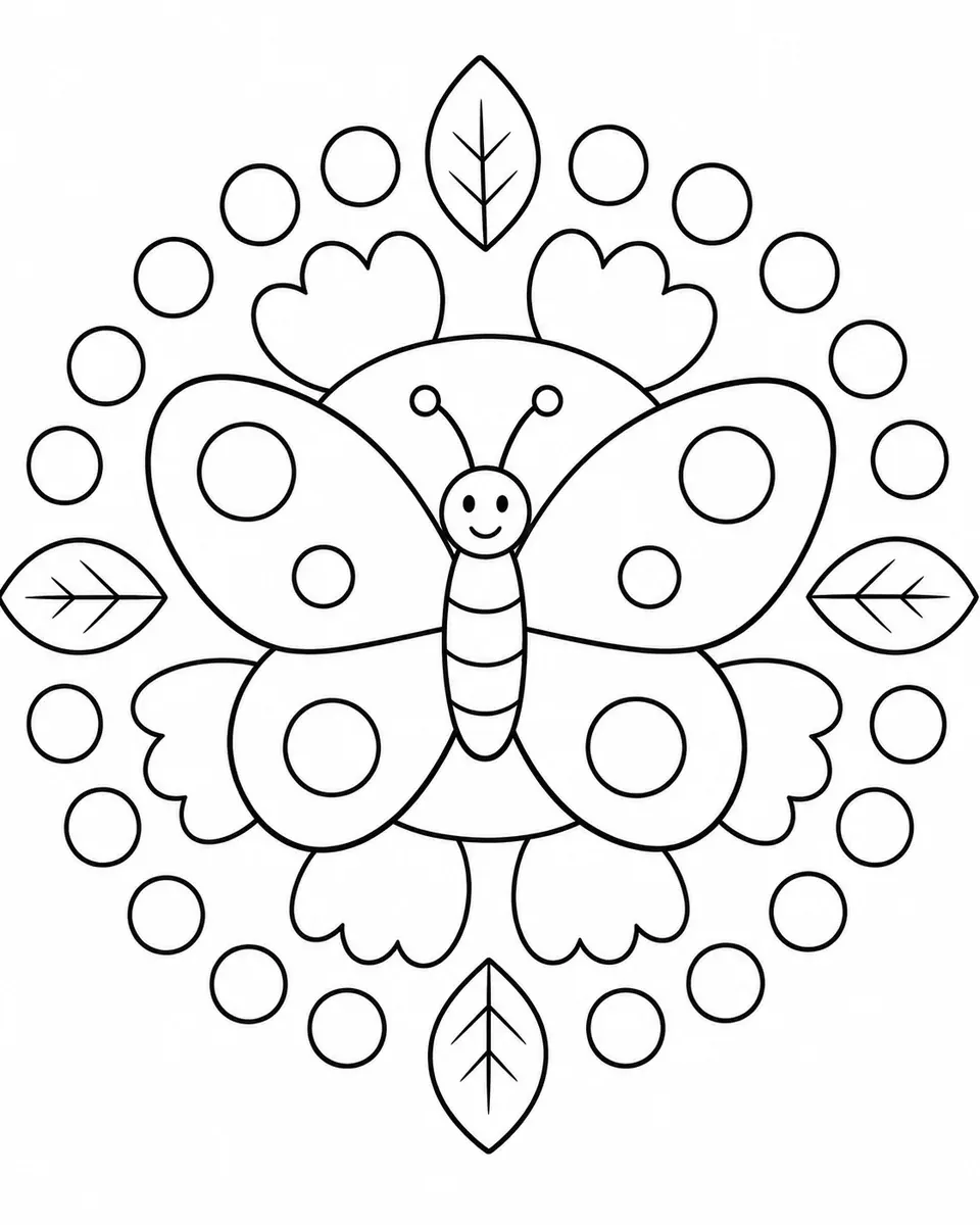 Einfaches Mandala mit großem Schmetterling, Blüten und Blättern