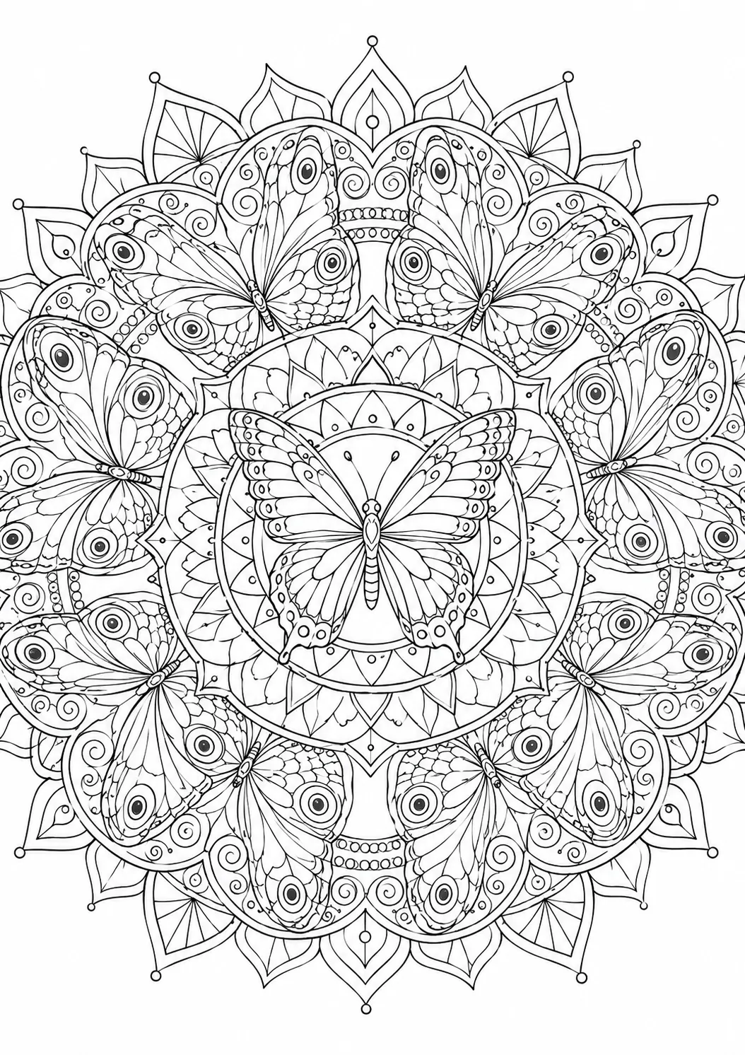 Mandalavorlage: Radial-symmetrisches Muster mit Schmetterlingsflügeln, Flügelaugen und Schuppen
