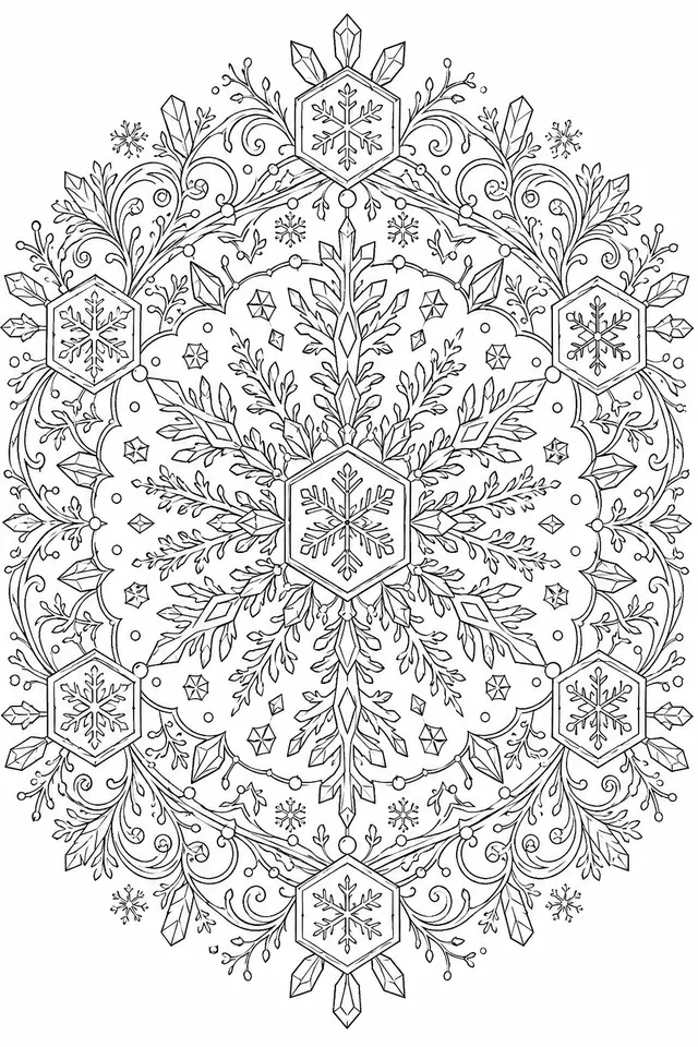 Mandala: Schneeflocken und Eiskristalle in geometrischen Mustern